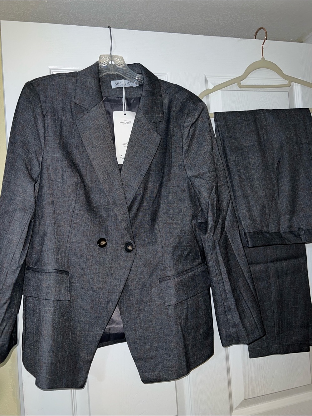 Dark Charcoal Plaid Women's Blazer & Trouser Set